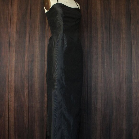 Vintage 1960s Dress, Black Taffeta Maxidress, Long Wiggle Moire, Sequin Trim - Picture 6 of 10